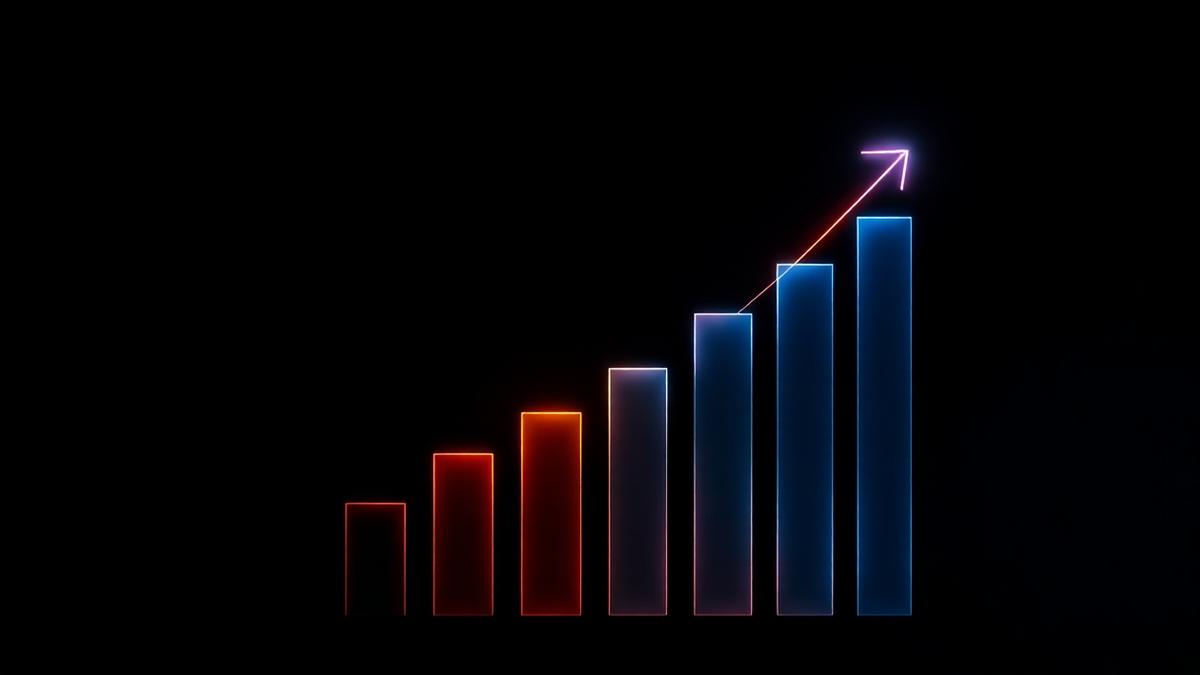 Abstract ascending glowing bars with an upward arrow representing business development growth